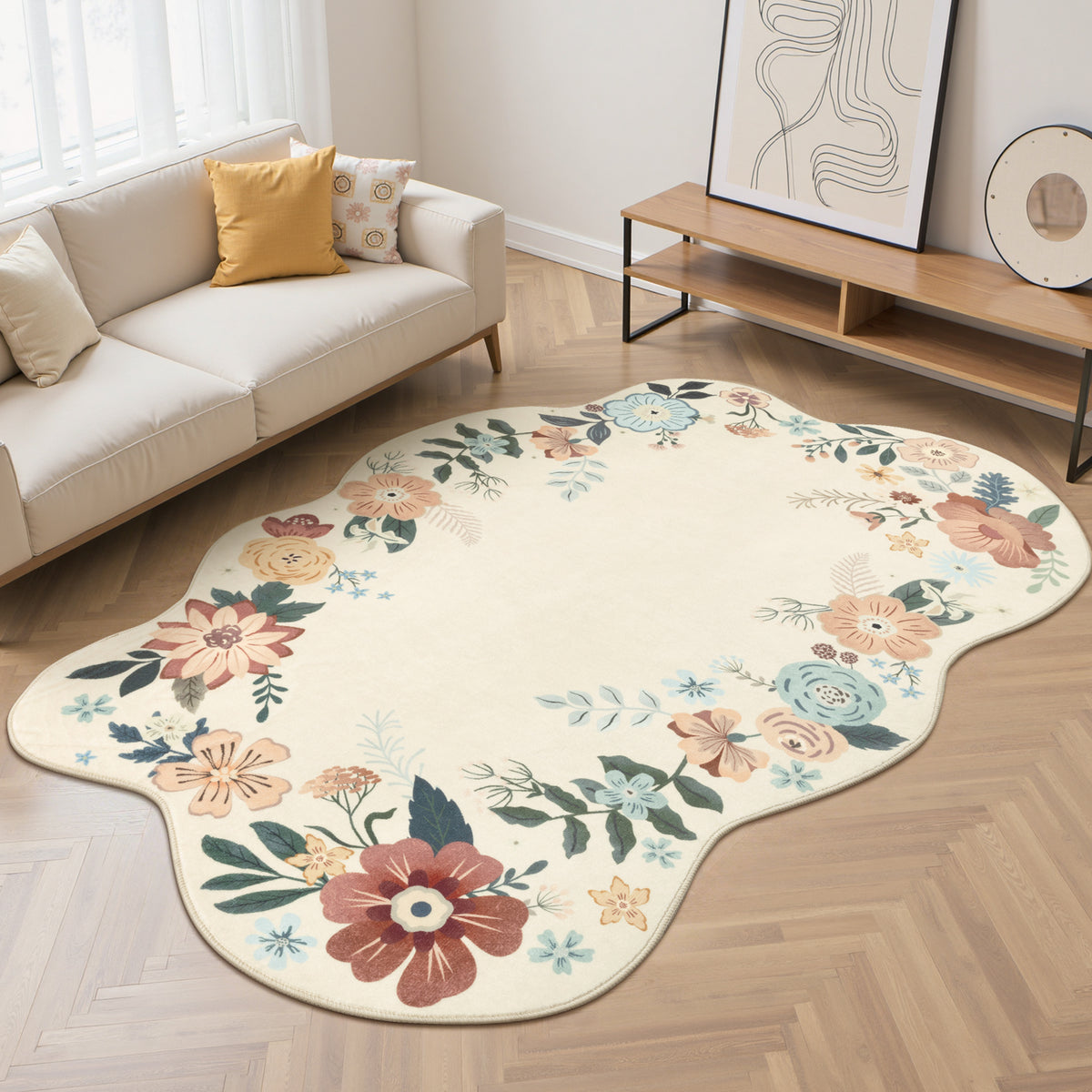 MeyJey Runner Rug Hallways, Non-Slip Machine Washable Floral Area Rug Indoor Carpet Floor Rug for Bedroom/Dining/Living/Laundry Room/Kitchen Bathroom，Beige
