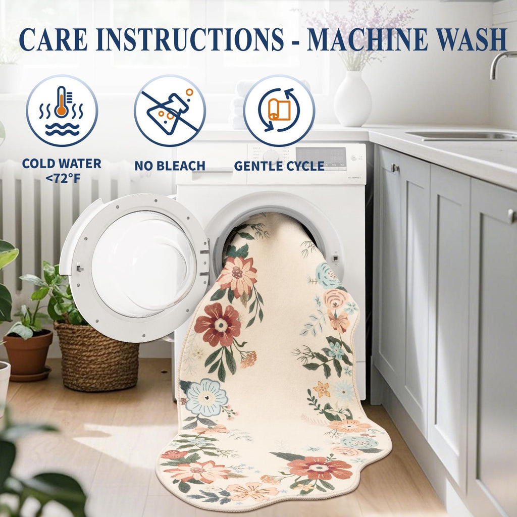 MeyJey Runner Rug Hallways, Non-Slip Machine Washable Floral Area Rug Indoor Carpet Floor Rug for Bedroom/Dining/Living/Laundry Room/Kitchen Bathroom，Beige