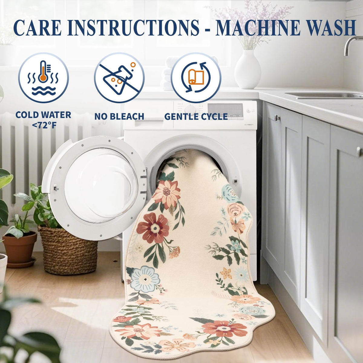 MeyJey Runner Rug Hallways, Non-Slip Machine Washable Floral Area Rug Indoor Carpet Floor Rug for Bedroom/Dining/Living/Laundry Room/Kitchen Bathroom，Beige