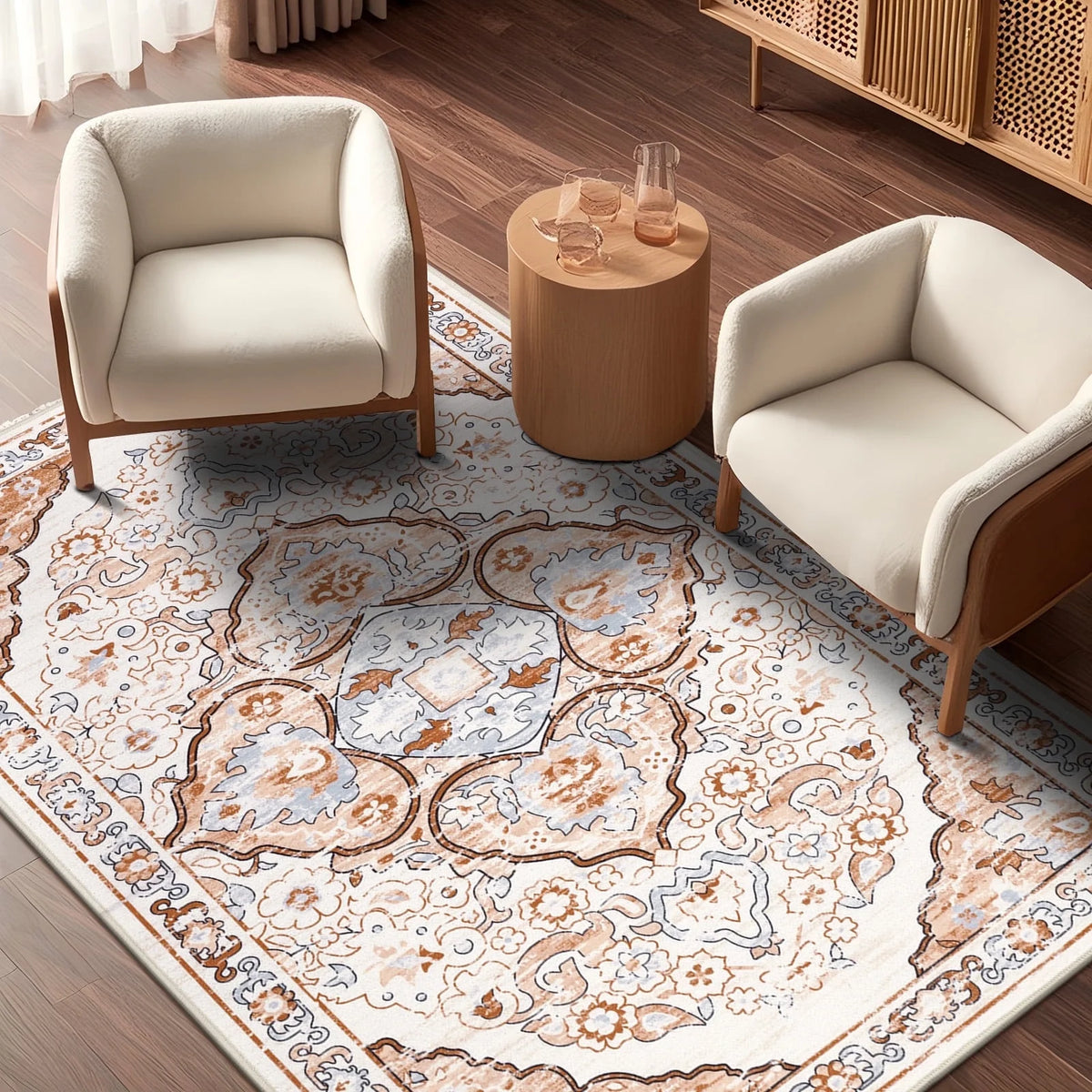 MeyJey Boho Indoor Living Room Area RugNon-Slip Machine Washable Vintage Oriental Distressed Floor Carpet for Bedroom Dining Kitchen Hallway Nursery, Cream/Orange