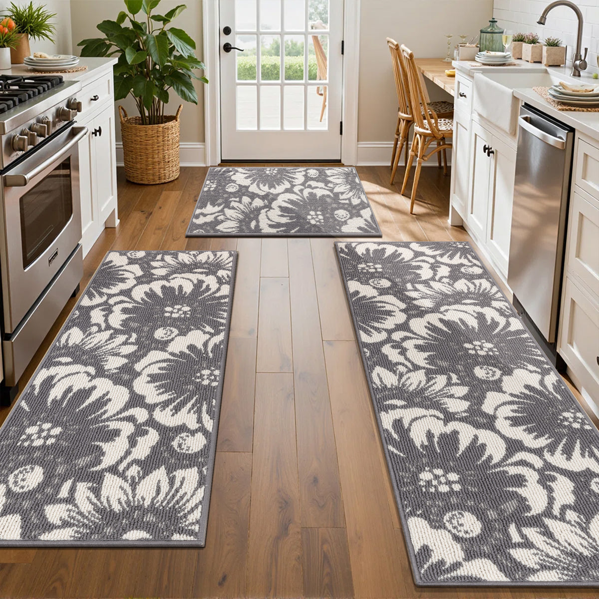 MeyJey Vintage Kitchen Rug Set, 3 Piece Runner Rug Non Slip Washable Farmhouse Hallway Rug for Kitchen/Laundry Room