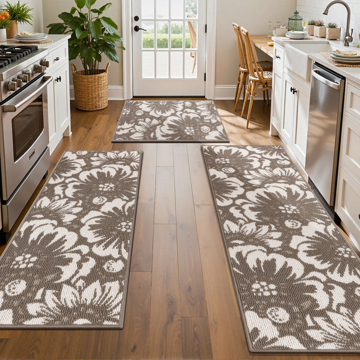 MeyJey Vintage Kitchen Rug Set, 3 Piece Runner Rug Non Slip Washable Farmhouse Hallway Rug for Kitchen/Laundry Room