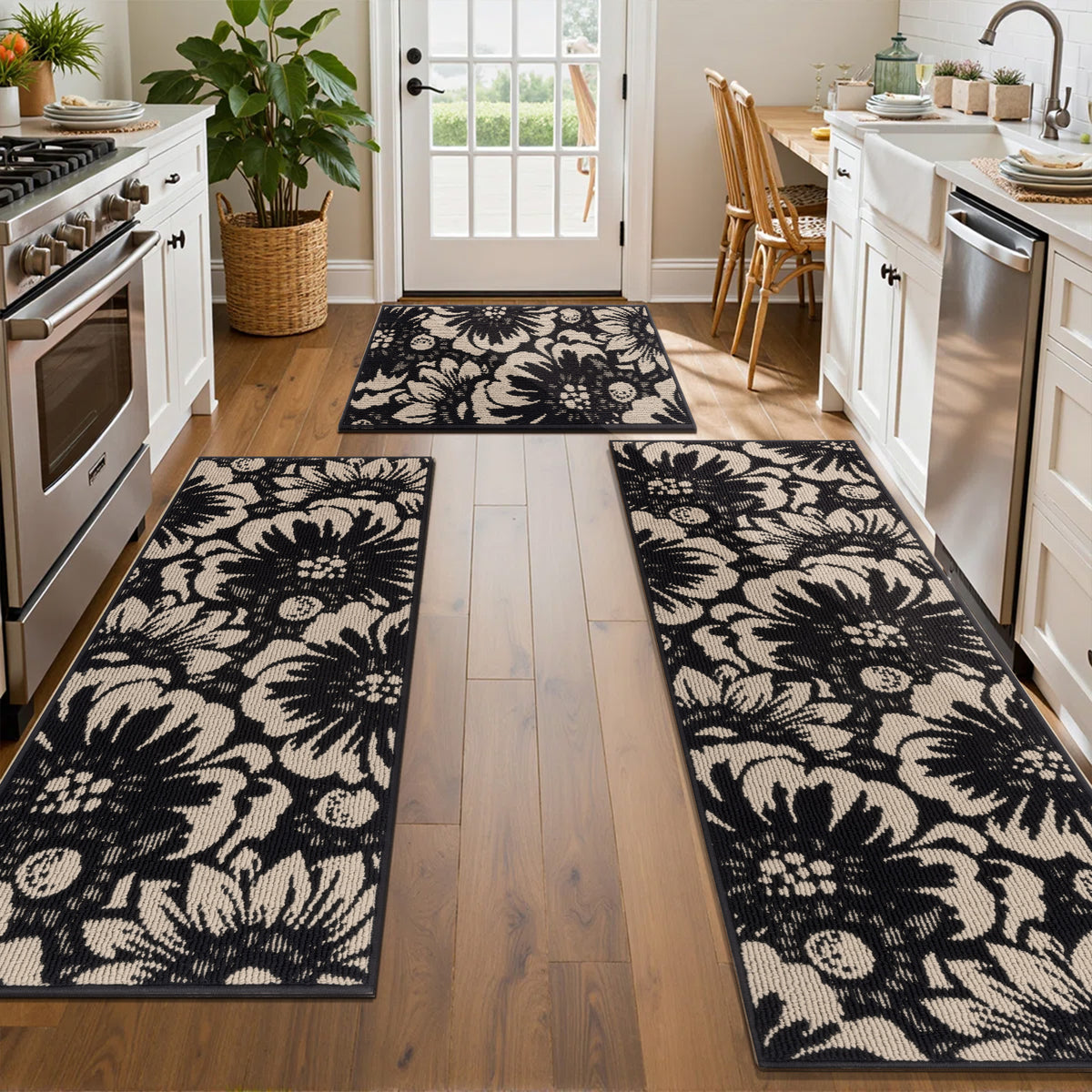 MeyJey Vintage Kitchen Rug Set, 3 Piece Runner Rug Non Slip Washable Farmhouse Hallway Rug for Kitchen/Laundry Room