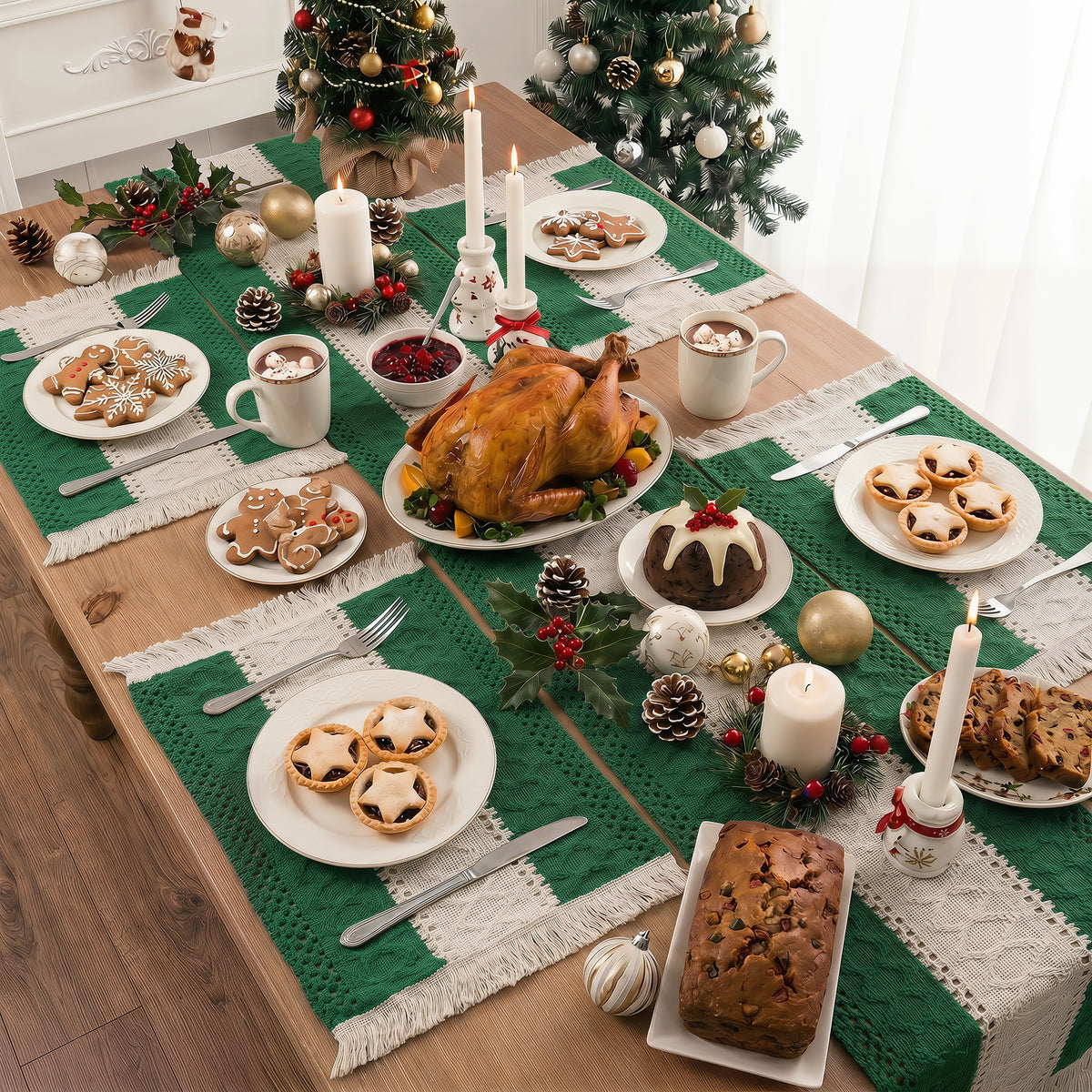 MeyJey 5 Pcs Table Runner and Placemats Set, Washable Fabric Rectangle Dining Table Mats with Tassels for Dining Tables, Kitchen, Green/Beige