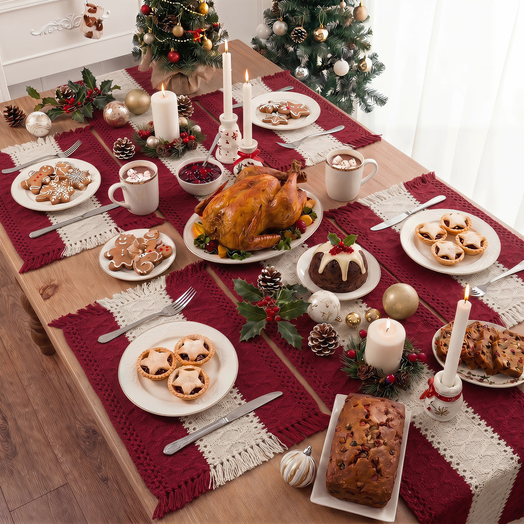 MeyJey 5Pcs Table Runner and Placemats Set, Washable Fabric Rectangle Dining Table Mats with Tassels for Dining Tables, Kitchen, Red