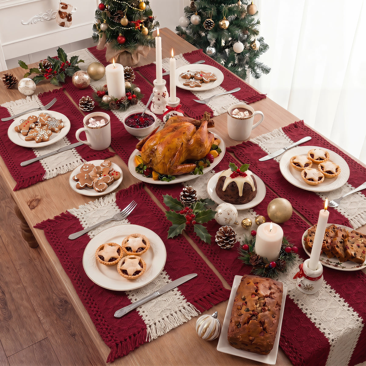 MeyJey 5Pcs Table Runner and Placemats Set, Washable Fabric Rectangle Dining Table Mats with Tassels for Dining Tables, Kitchen, Red