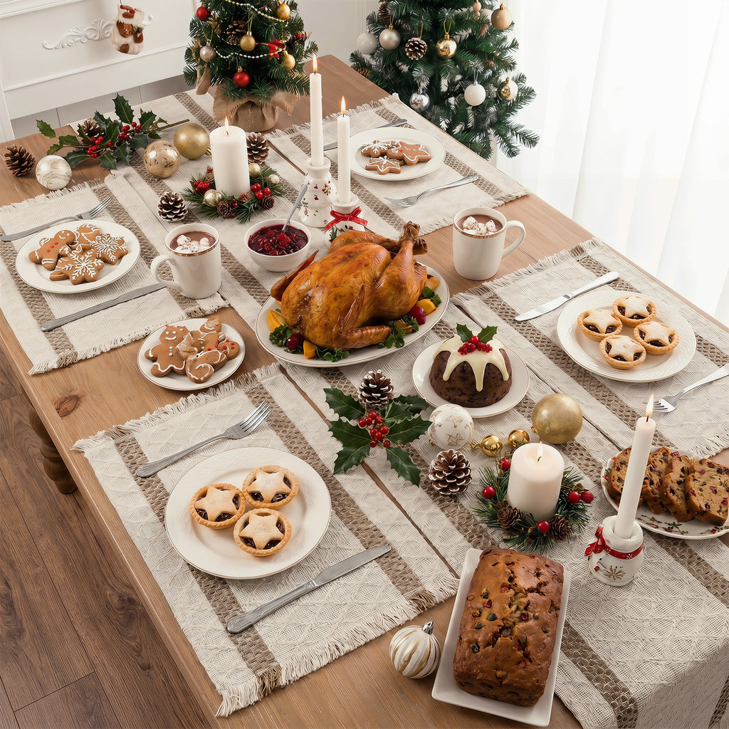 MeyJey 5 Pcs Table Runner and Placemats Set, Washable Fabric Rectangle Dining Table Mats with Tassels for Dining Tables, Kitchen, khaki