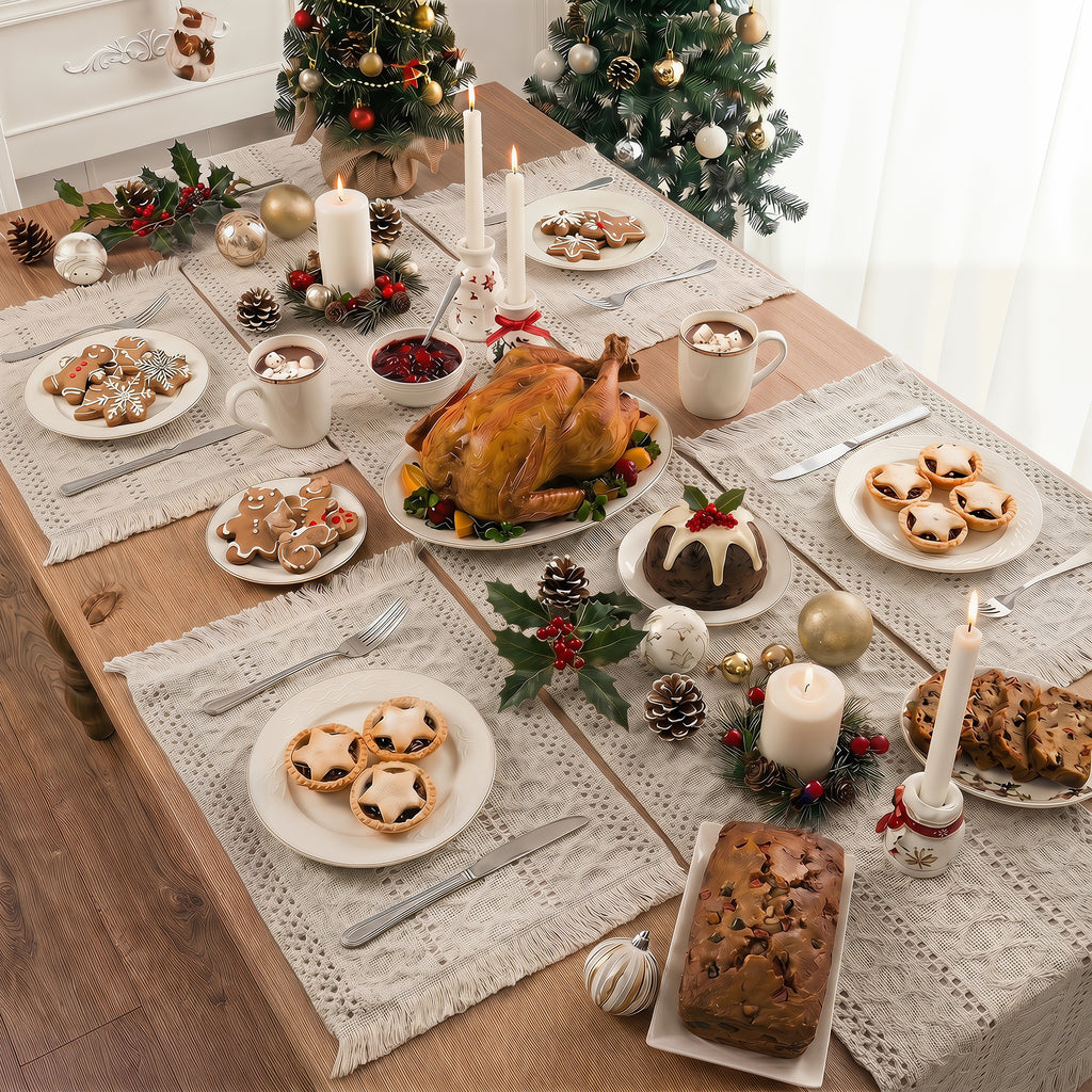 MeyJey 5 Pcs Table Runner and Placemats Set, Washable Fabric Rectangle Dining Table Mats with Tassels for Dining Tables, Kitchen, Beige