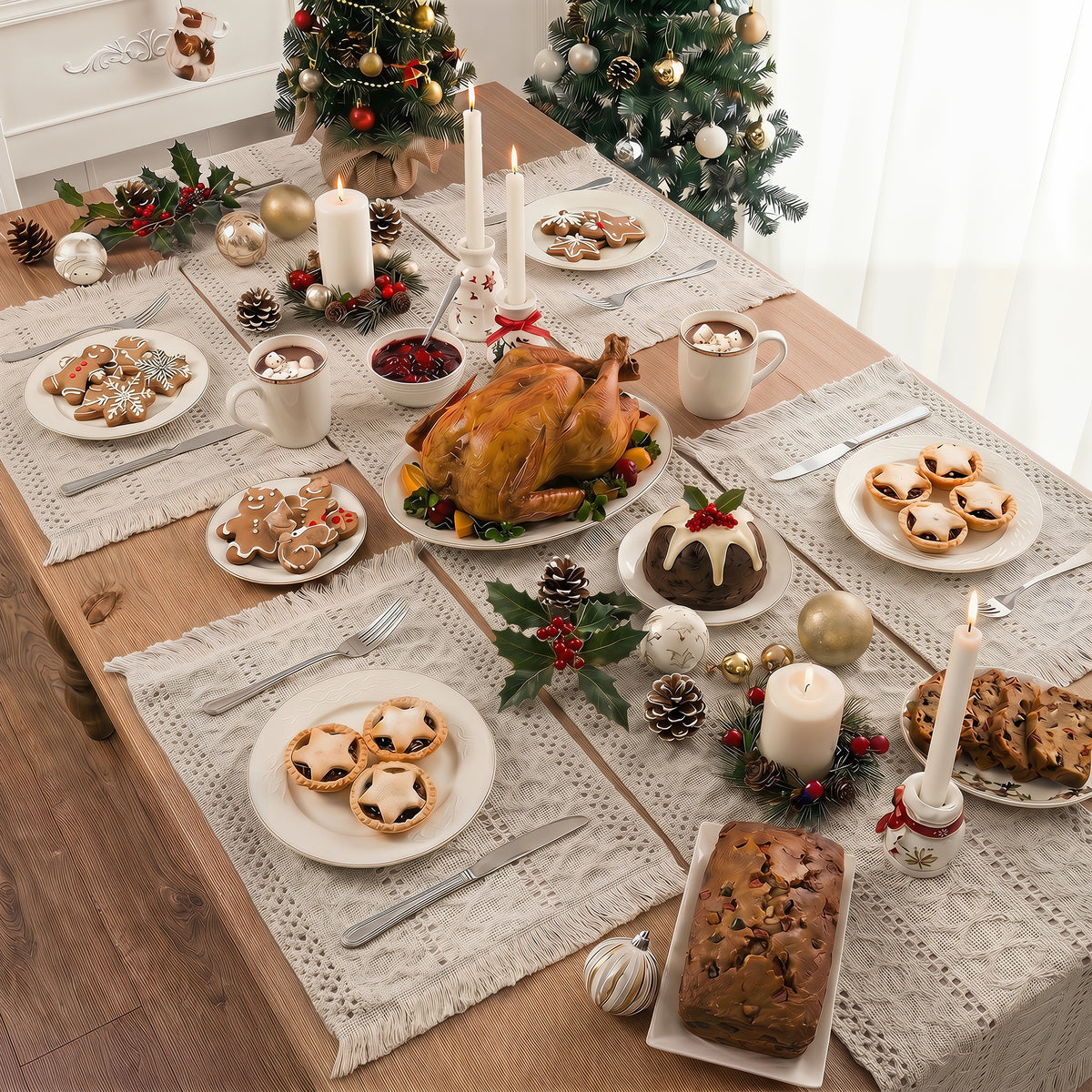MeyJey 5 Pcs Table Runner and Placemats Set, Washable Fabric Rectangle Dining Table Mats with Tassels for Dining Tables, Kitchen, Beige