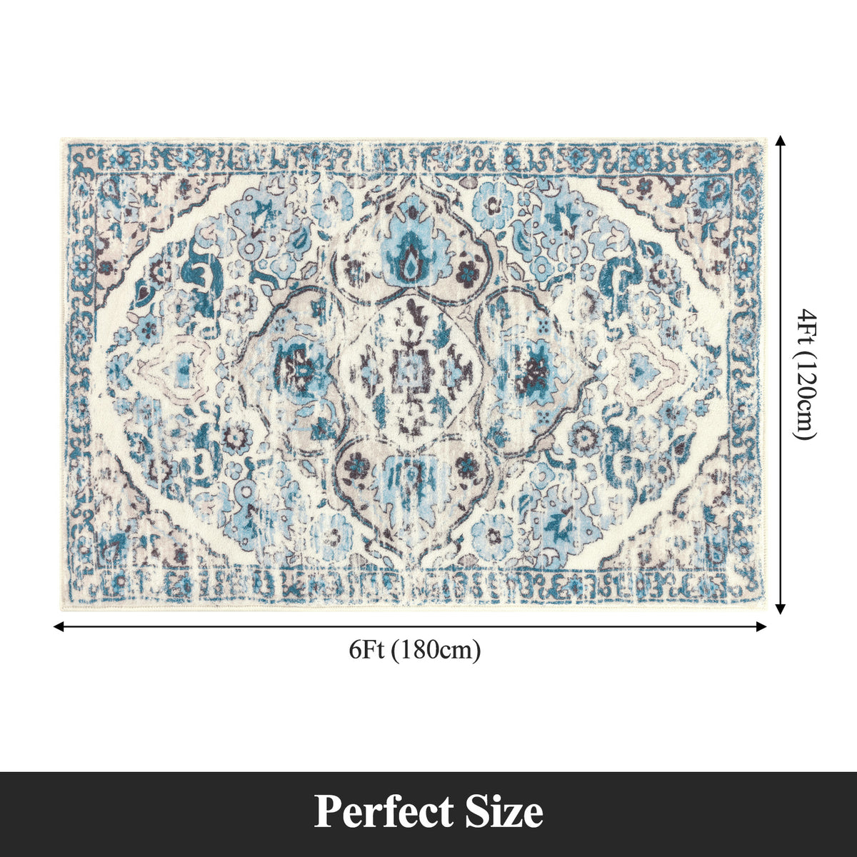 MeyJey Boho Indoor Hallway Runner Rug, Oriental Non Slip Machine Washable Area Rug Distressed Vintage Floor Carpet for Bedroom Kitchen Dinning/Living/Laundry Room, Blue/Beige