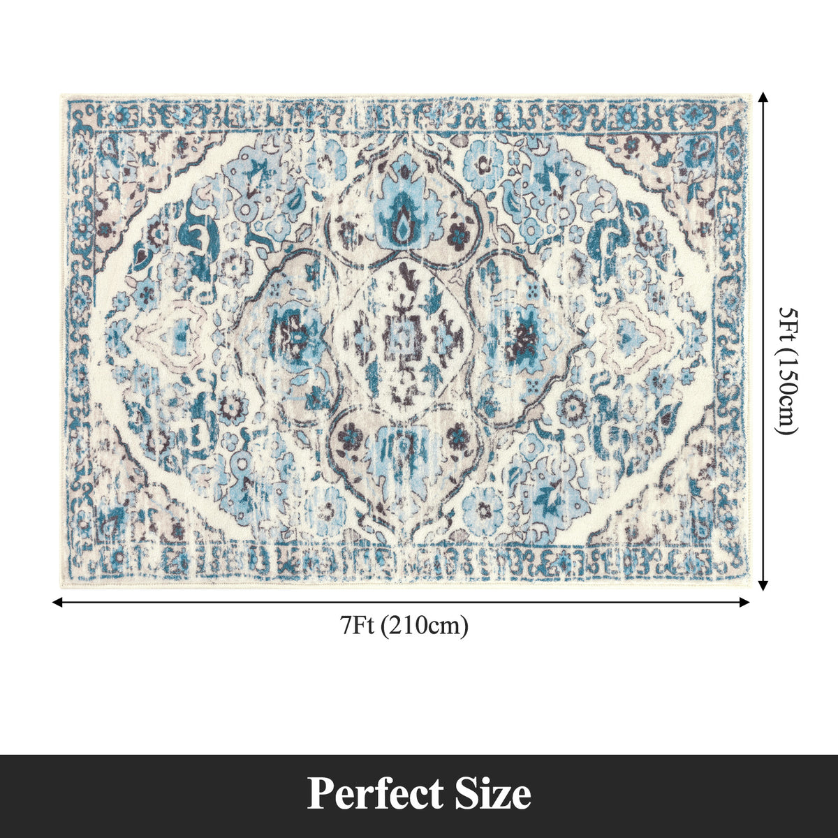 MeyJey Boho Indoor Hallway Runner Rug, Oriental Non Slip Machine Washable Area Rug Distressed Vintage Floor Carpet for Bedroom Kitchen Dinning/Living/Laundry Room, Blue/Beige