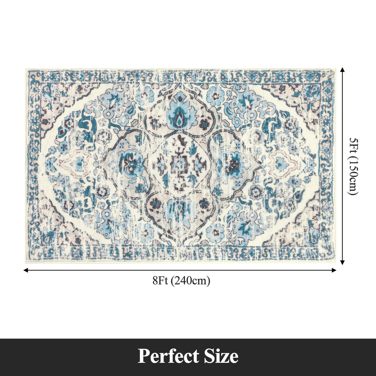MeyJey Boho Indoor Hallway Runner Rug, Oriental Non Slip Machine Washable Area Rug Distressed Vintage Floor Carpet for Bedroom Kitchen Dinning/Living/Laundry Room, Blue/Beige