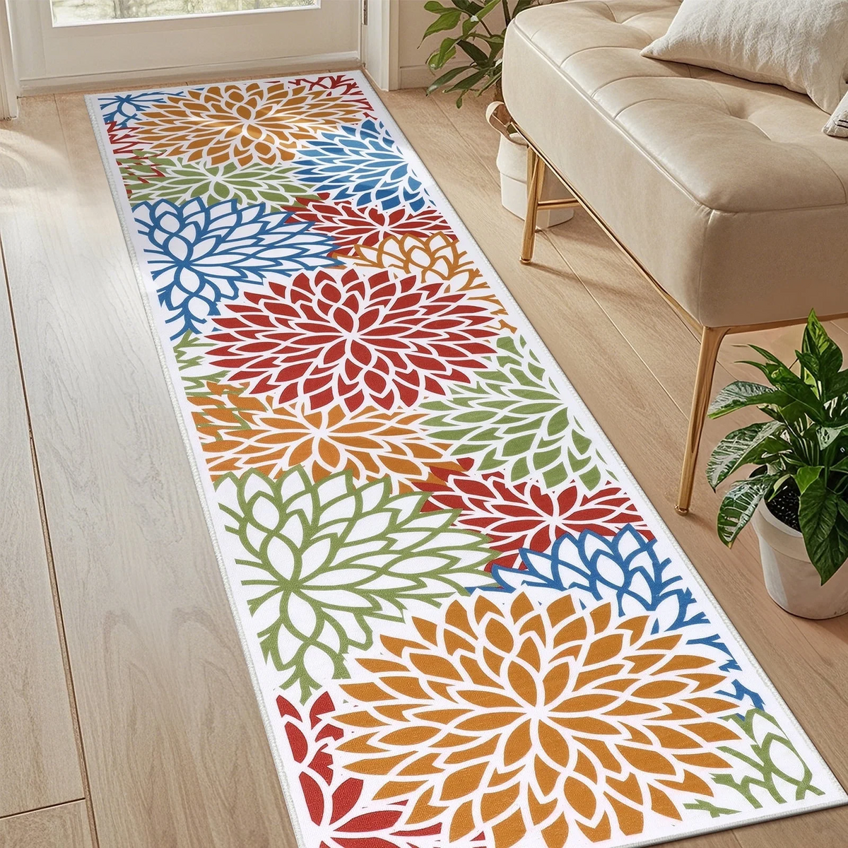MeyJey 2'x8' Floral Runner Rug for Hallways, Oriental Non Slip Machine Washable Area Rugs Vintage Floor Carpet for Bedroom Kitchen Dinning/Living/Laundry Room, Red/Orange