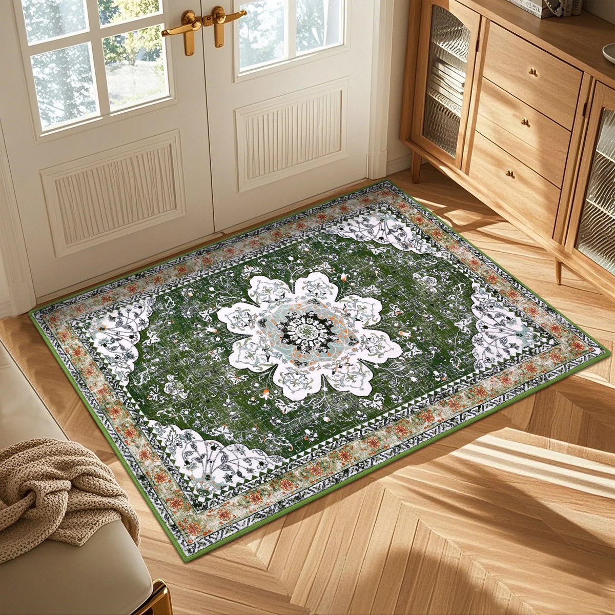 MeyJey Oriental Indoor Living Room Area Rug 2'x3', Non-Slip Machine Washable Vintage Floor Carpet for Bedroom Dining Kitchen Hallway Nursery, Green