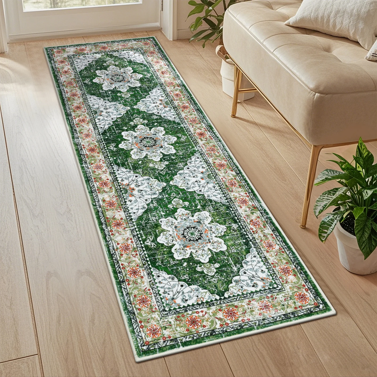 MeyJey Oriental Indoor Living Room Area Rug 2'x3', Non-Slip Machine Washable Vintage Floor Carpet for Bedroom Dining Kitchen Hallway Nursery, Green