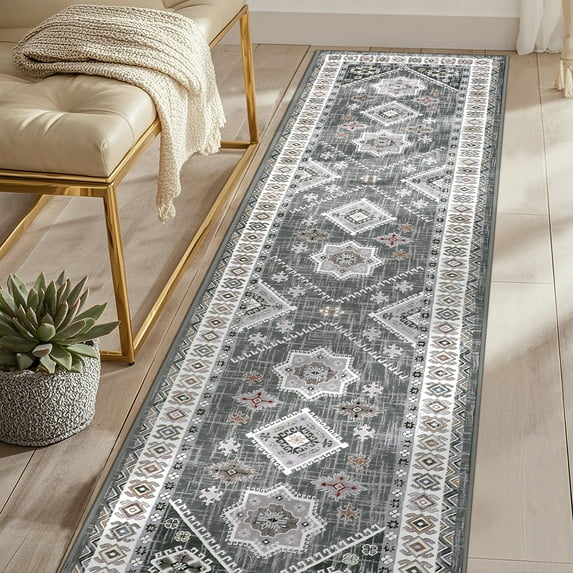 MeyJey 2'x8' Oriental Vintage Runner Rug for Hallways, Non-Slip Machine Washable Area Rug for Bedroom/Living/Dining/Laundry Room Carpet, Gray/Brown