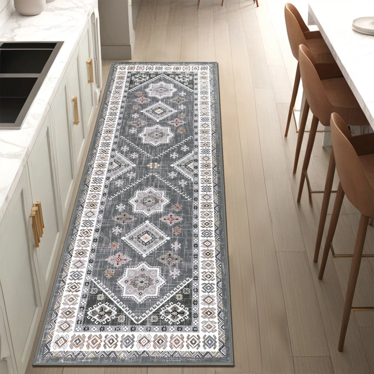 MeyJey 2'x8' Oriental Vintage Runner Rug for Hallways, Non-Slip Machine Washable Area Rug for Bedroom/Living/Dining/Laundry Room Carpet, Gray/Brown