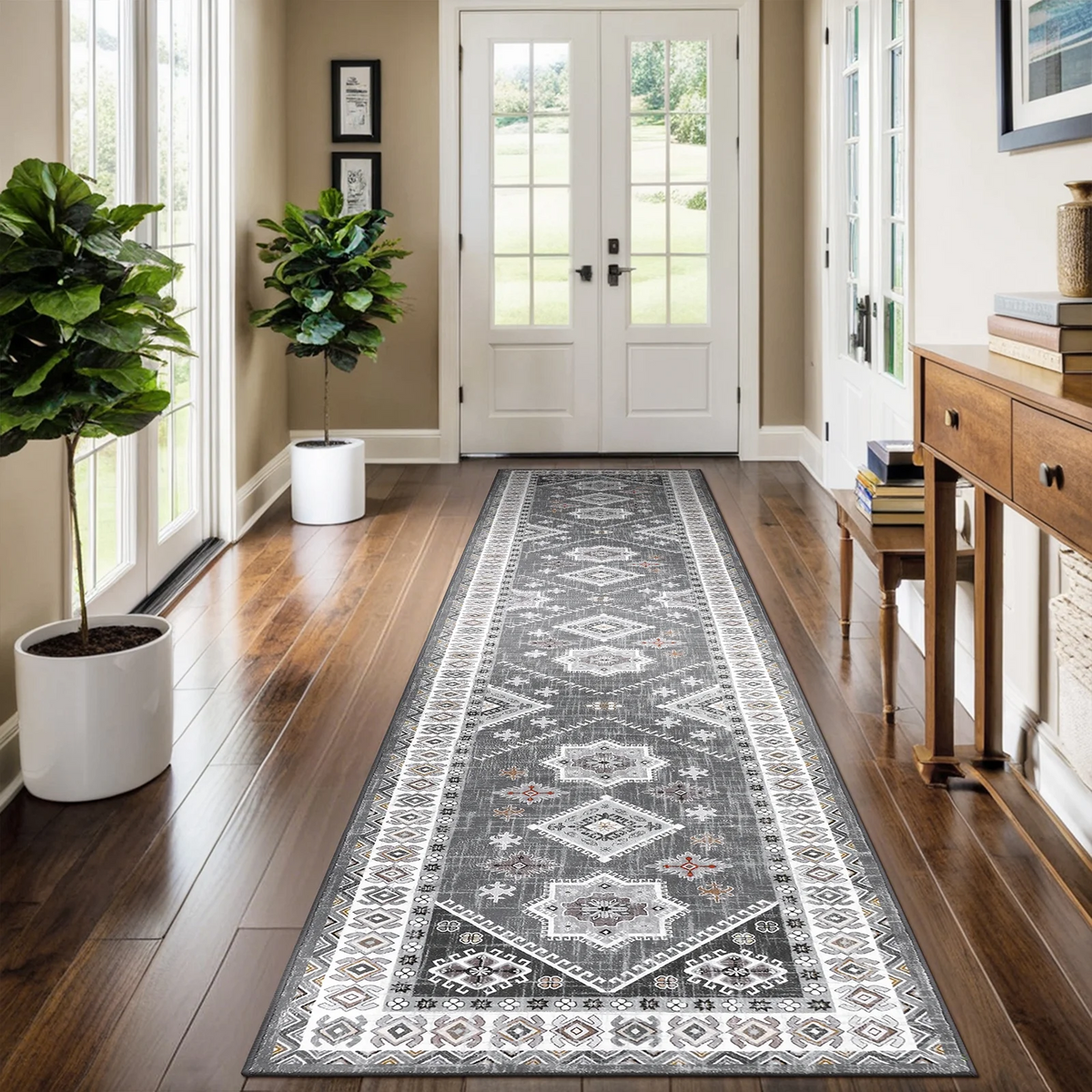 MeyJey 2'x8' Oriental Vintage Runner Rug for Hallways, Non-Slip Machine Washable Area Rug for Bedroom/Living/Dining/Laundry Room Carpet, Gray/Brown