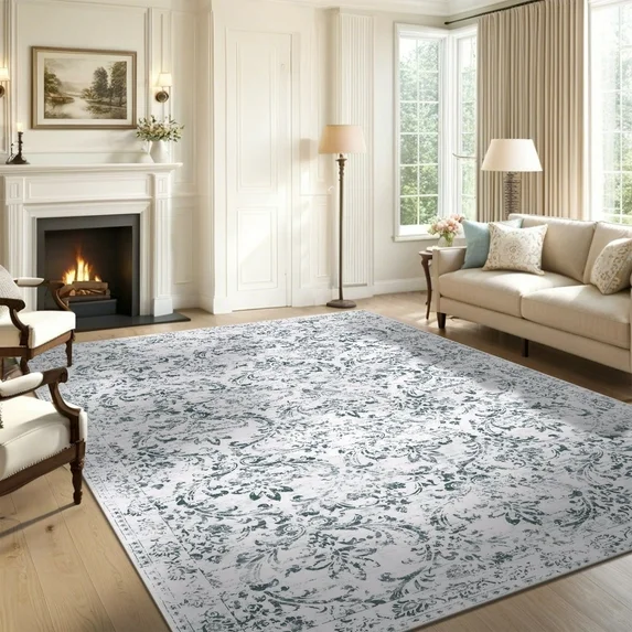 MeyJey 5'x8' Boho Traditional Area Rug, Vintage Distressed Machine Washable Throw Rug, Non-Slip Stain Resistant Oriental Carpet for Living Room Bedroom Dining Room Office, Blue/Gray