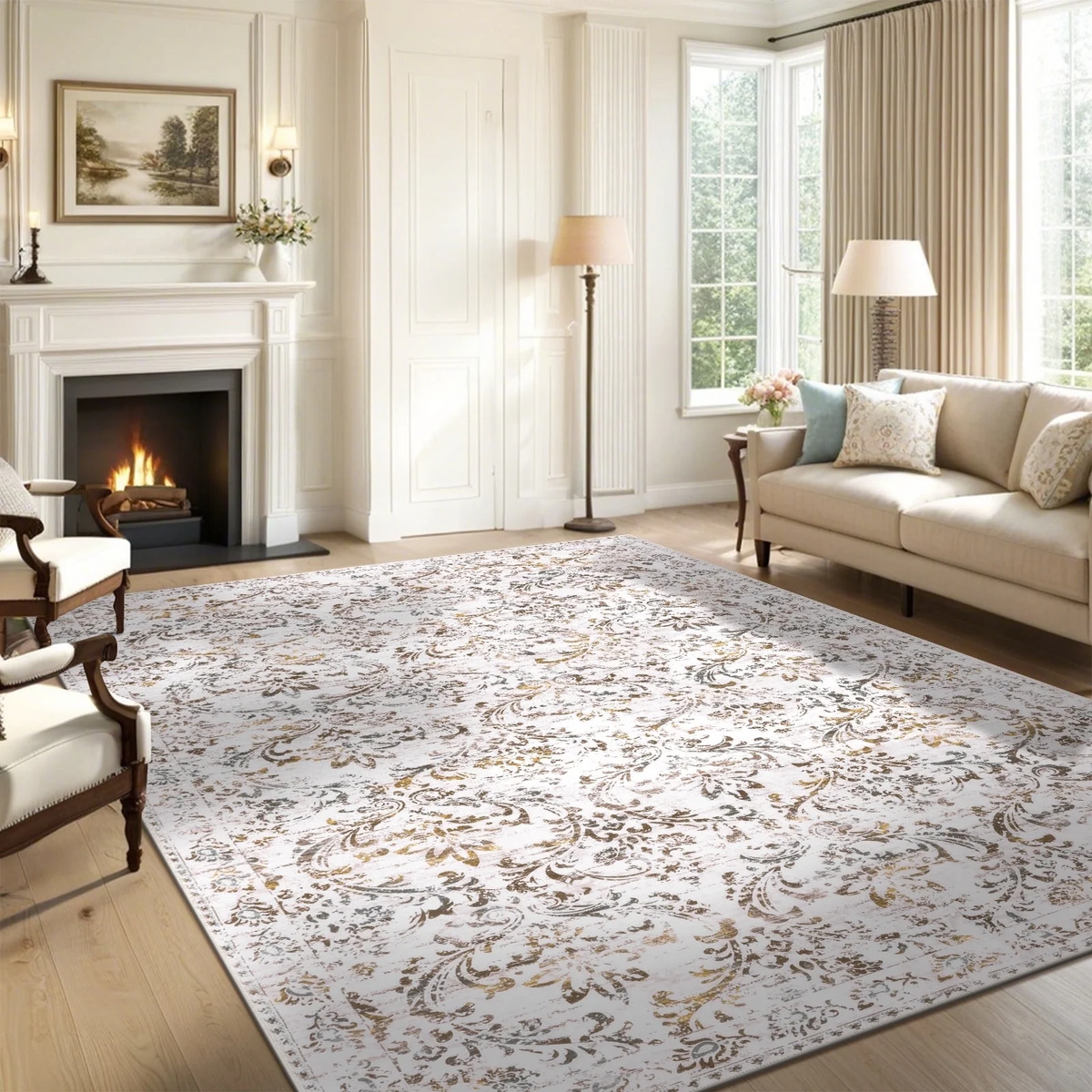MeyJey 5'x8' Boho Traditional Area Rug, Vintage Distressed Machine Washable Throw Rug, Non-Slip Stain Resistant Oriental Carpet for Living Room Bedroom Dining Room Office, Blue/Gray