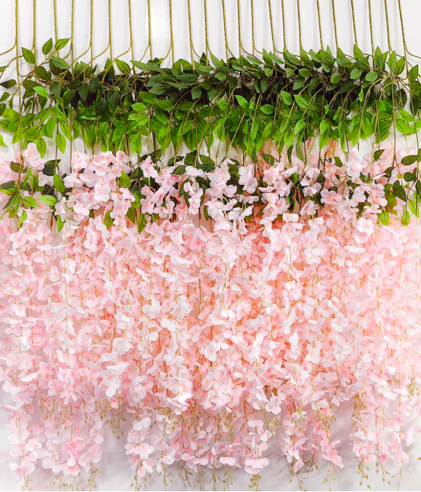 MeyJey 24Pcs Artificial Wisteria Flowers  White Dense Artificial Fake Wisteria Vine Ratta Hanging Garland Silk Flowers String Home Party Wedding Decor(White-Dense)