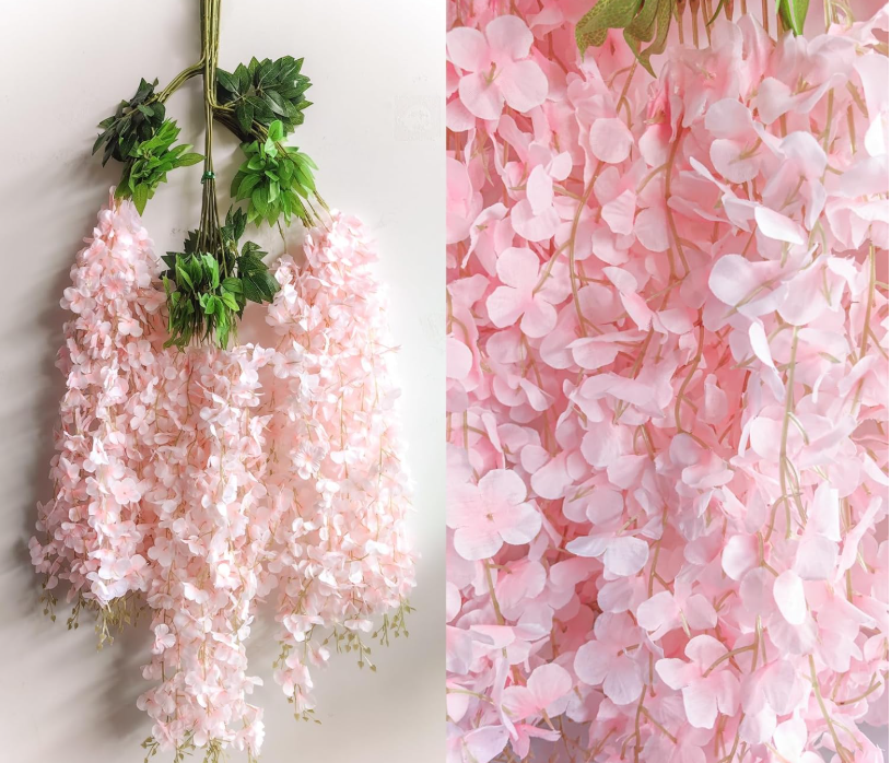MeyJey 24Pcs Artificial Wisteria Flowers  White Dense Artificial Fake Wisteria Vine Ratta Hanging Garland Silk Flowers String Home Party Wedding Decor(White-Dense)