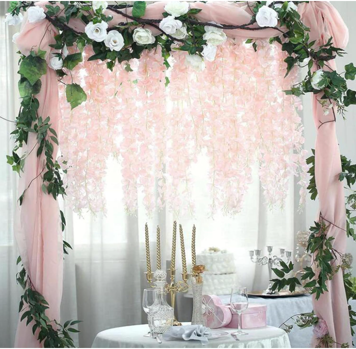 MeyJey 24Pcs Artificial Wisteria Flowers  White Dense Artificial Fake Wisteria Vine Ratta Hanging Garland Silk Flowers String Home Party Wedding Decor(White-Dense)