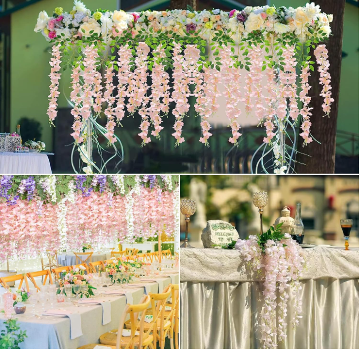 MeyJey 24Pcs Artificial Wisteria Flowers  White Dense Artificial Fake Wisteria Vine Ratta Hanging Garland Silk Flowers String Home Party Wedding Decor(White-Dense)
