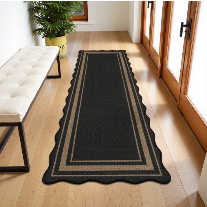 MeyJey 2x6 Runner Rug for Hallway Washable Kitchen Rugs Non Slip Solid Tan Jute Scalloped Indoor Carpet for Entryway Laundry Room Floor Mats