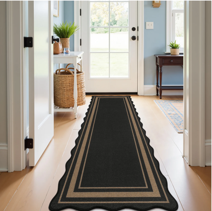 MeyJey 2x6 Runner Rug for Hallway Washable Kitchen Rugs Non Slip Solid Tan Jute Scalloped Indoor Carpet for Entryway Laundry Room Floor Mats
