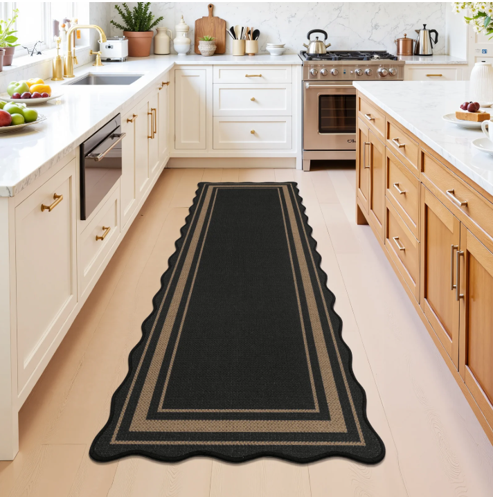 MeyJey 2x6 Runner Rug for Hallway Washable Kitchen Rugs Non Slip Solid Tan Jute Scalloped Indoor Carpet for Entryway Laundry Room Floor Mats