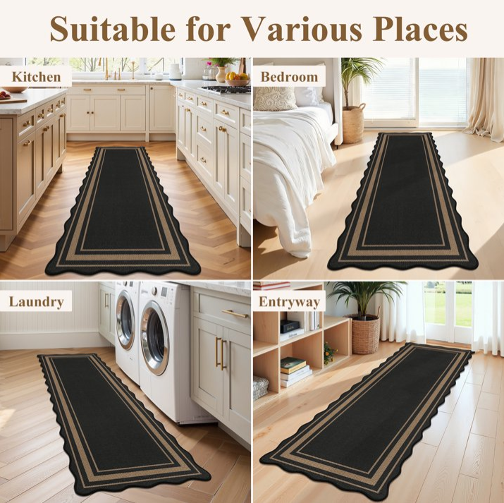 MeyJey 2x6 Runner Rug for Hallway Washable Kitchen Rugs Non Slip Solid Tan Jute Scalloped Indoor Carpet for Entryway Laundry Room Floor Mats