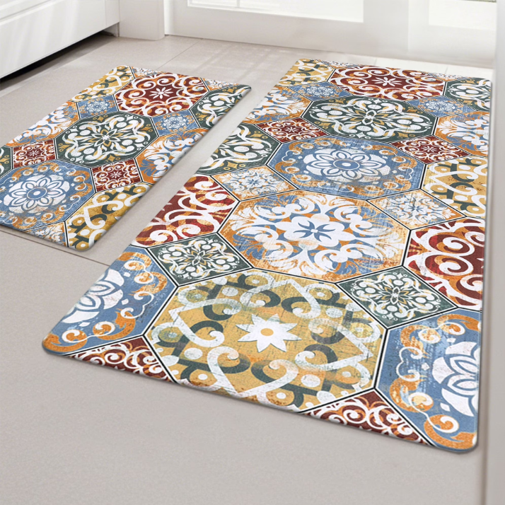 MeyJey Boho Kitchen Rug Set of 2, Non-Slip Anti-Fatigue Waterproof Cushioned Mat for Kitchen, Dining & Laundry Room, 18"x30"+18"x48" Red/Orange/Yellow