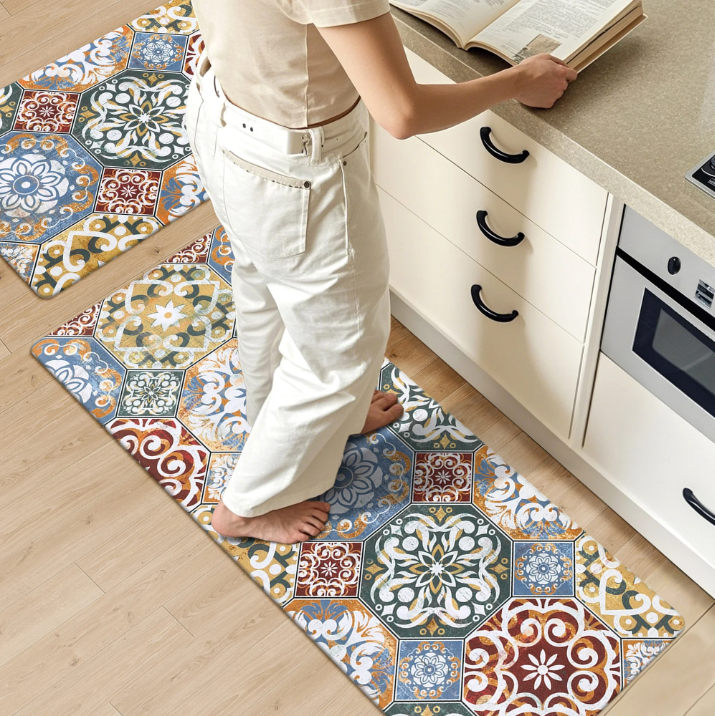 MeyJey Boho Kitchen Rug Set of 2, Non-Slip Anti-Fatigue Waterproof Cushioned Mat for Kitchen, Dining & Laundry Room, 18"x30"+18"x48" Red/Orange/Yellow