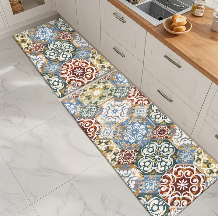 MeyJey Boho Kitchen Rug Set of 2, Non-Slip Anti-Fatigue Waterproof Cushioned Mat for Kitchen, Dining & Laundry Room, 18"x30"+18"x48" Red/Orange/Yellow