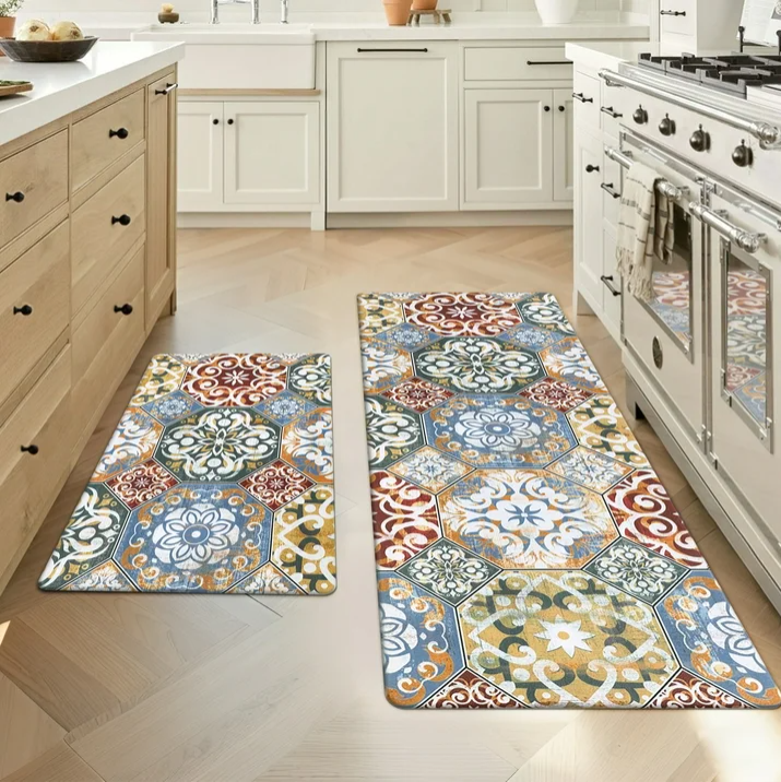 MeyJey Boho Kitchen Rug Set of 2, Non-Slip Anti-Fatigue Waterproof Cushioned Mat for Kitchen, Dining & Laundry Room, 18"x30"+18"x48" Red/Orange/Yellow