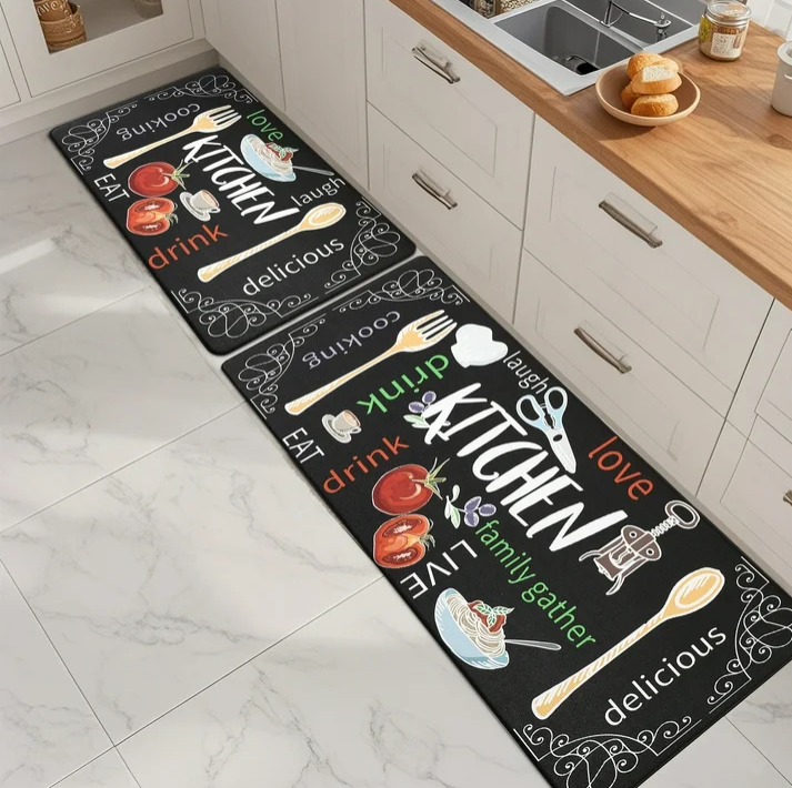MeyJey Farmhouse Kitchen Rug Set of 2, Non-Slip Anti-Fatigue Waterproof Cushioned Mat for Kitchen, Dining & Laundry Room, 18"x30"+18"x48" Black/Red/Yellow