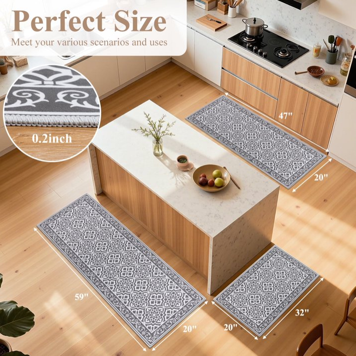 MeyJey Kitchen Rug Set 3 Piece, Non Slip Machine Washable Mats for Home Floor and Living Room