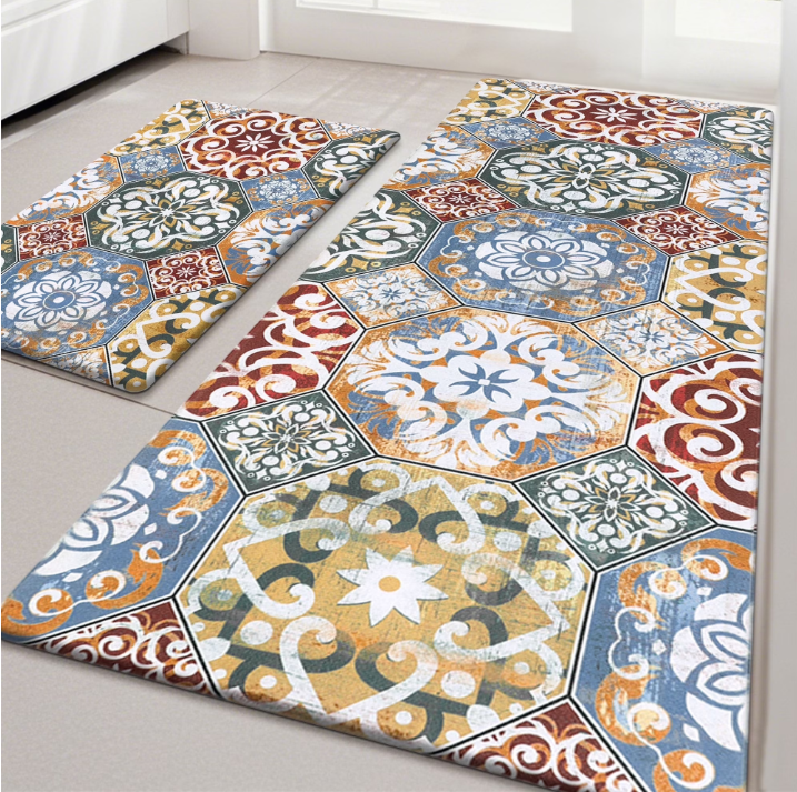 MeyJey Boho Kitchen Rug Set of 2, Non-Slip Anti-Fatigue Waterproof Cushioned Mat for Kitchen, Dining & Laundry Room, 20"x31.5"+20"x59" Red/Orange/Yellow