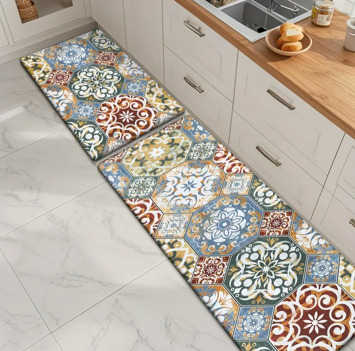 MeyJey Boho Kitchen Rug Set of 2, Non-Slip Anti-Fatigue Waterproof Cushioned Mat for Kitchen, Dining & Laundry Room, 20"x31.5"+20"x59" Red/Orange/Yellow