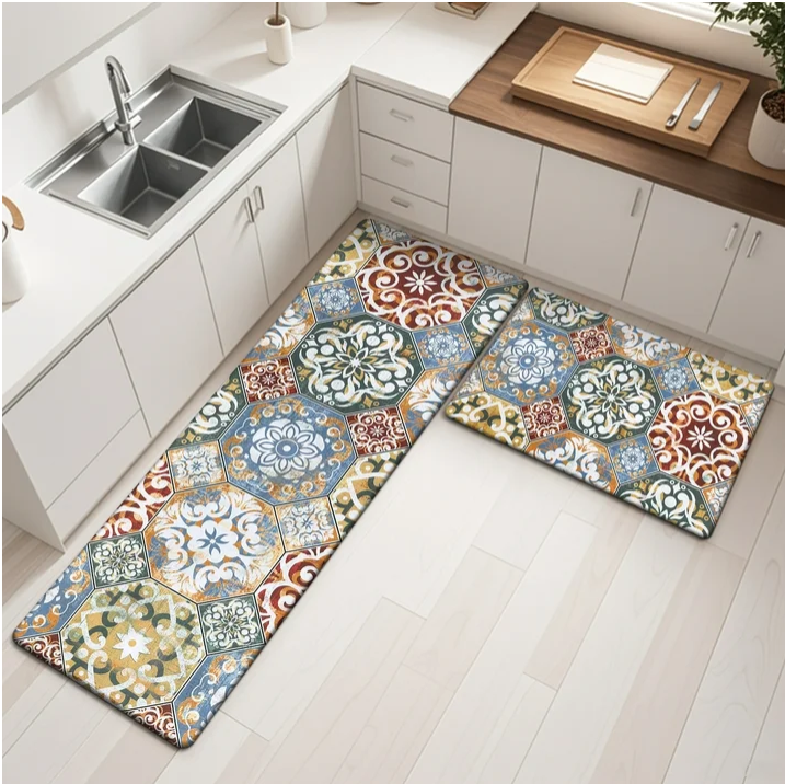 MeyJey Boho Kitchen Rug Set of 2, Non-Slip Anti-Fatigue Waterproof Cushioned Mat for Kitchen, Dining & Laundry Room, 20"x31.5"+20"x59" Red/Orange/Yellow