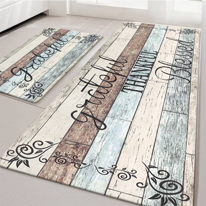 MeyJey Farmhouse Kitchen Rug Set of 2, Non-Slip Anti-Fatigue Waterproof Cushioned Mat for Kitchen, Dining & Laundry Room, 20"x31.5"+20"x59" Teal/Brown/Beige