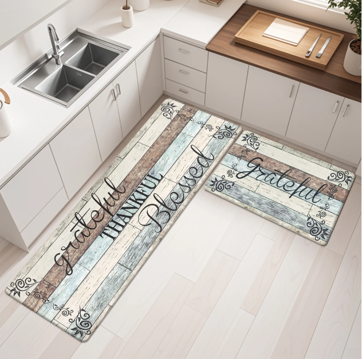 MeyJey Farmhouse Kitchen Rug Set of 2, Non-Slip Anti-Fatigue Waterproof Cushioned Mat for Kitchen, Dining & Laundry Room, 20"x31.5"+20"x59" Teal/Brown/Beige