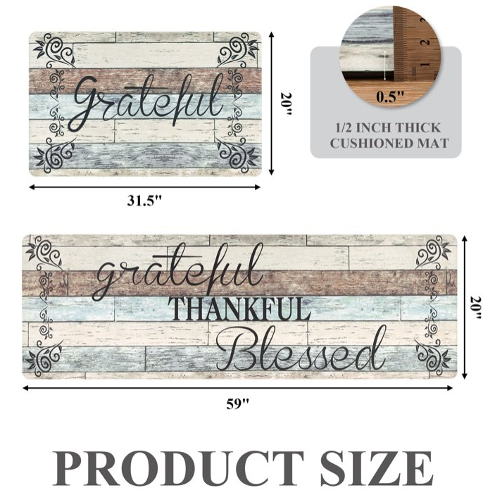MeyJey Farmhouse Kitchen Rug Set of 2, Non-Slip Anti-Fatigue Waterproof Cushioned Mat for Kitchen, Dining & Laundry Room, 20"x31.5"+20"x59" Teal/Brown/Beige