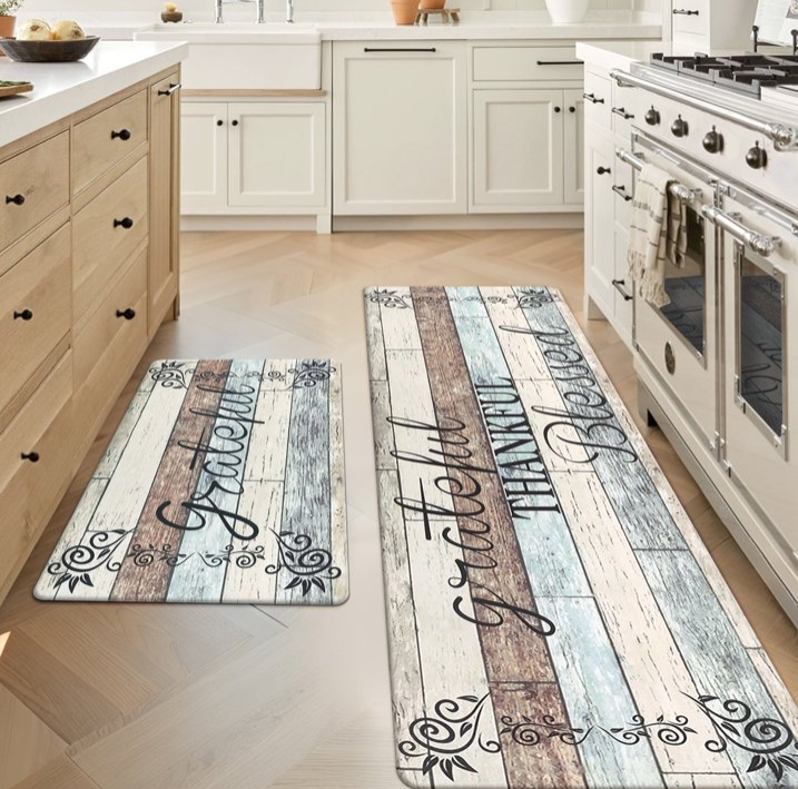 MeyJey Farmhouse Kitchen Rug Set of 2, Non-Slip Anti-Fatigue Waterproof Cushioned Mat for Kitchen, Dining & Laundry Room, 20"x31.5"+20"x59" Teal/Brown/Beige