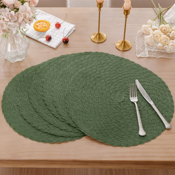 MeyJey 15" Braid Round Placemat Set of 6, Large Cotton Woven Non-Slip Placemat Set of 6 Heat Resistant Placemat 6 Piece, Olive Green