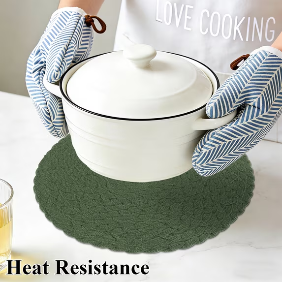 MeyJey 15" Braid Round Placemat Set of 6, Large Cotton Woven Non-Slip Placemat Set of 6 Heat Resistant Placemat 6 Piece, Olive Green