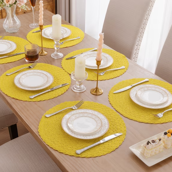 MeyJey 15" Braid Round Placemat Set of 6, Large Cotton Woven Non-Slip Placemat Set of 6 Heat Resistant Placemat 6 Piece, Yellow
