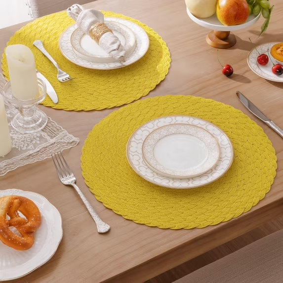 MeyJey 15" Braid Round Placemat Set of 6, Large Cotton Woven Non-Slip Placemat Set of 6 Heat Resistant Placemat 6 Piece, Yellow