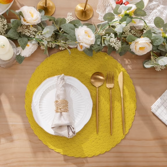 MeyJey 15" Braid Round Placemat Set of 6, Large Cotton Woven Non-Slip Placemat Set of 6 Heat Resistant Placemat 6 Piece, Yellow